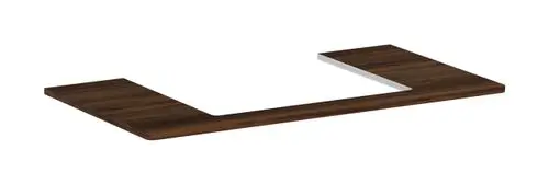 Dunkelbraune Konsole von Hansgrohe mit U-Form und mittigem Ausschnitt. Geeignet für einen Aufsatzwaschtisch.